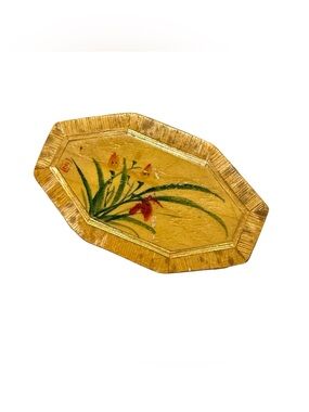 Vintage Bamboo Wood Trinket Box Octagon Floral Silk Lined